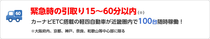 緊急時の引取り15～60分以内(※)カーナビETC搭載の軽四自動車が近畿圏内で100台随時稼働！※大阪府内、京都、神戸、奈良、和歌山等中心部に限る 