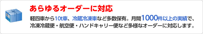 あらゆるオーダーに対応！軽四車から10t車、冷蔵冷凍車など多数保有。月間1000件以上の実績で、冷凍冷蔵便・航空便・ハンドキャリー便など多様なオーダーに対応します。