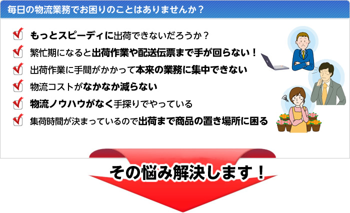 毎日の物流業務でお困りのことはありませんか？もっとスピーディに出荷できないだろうか？その悩み解決します！